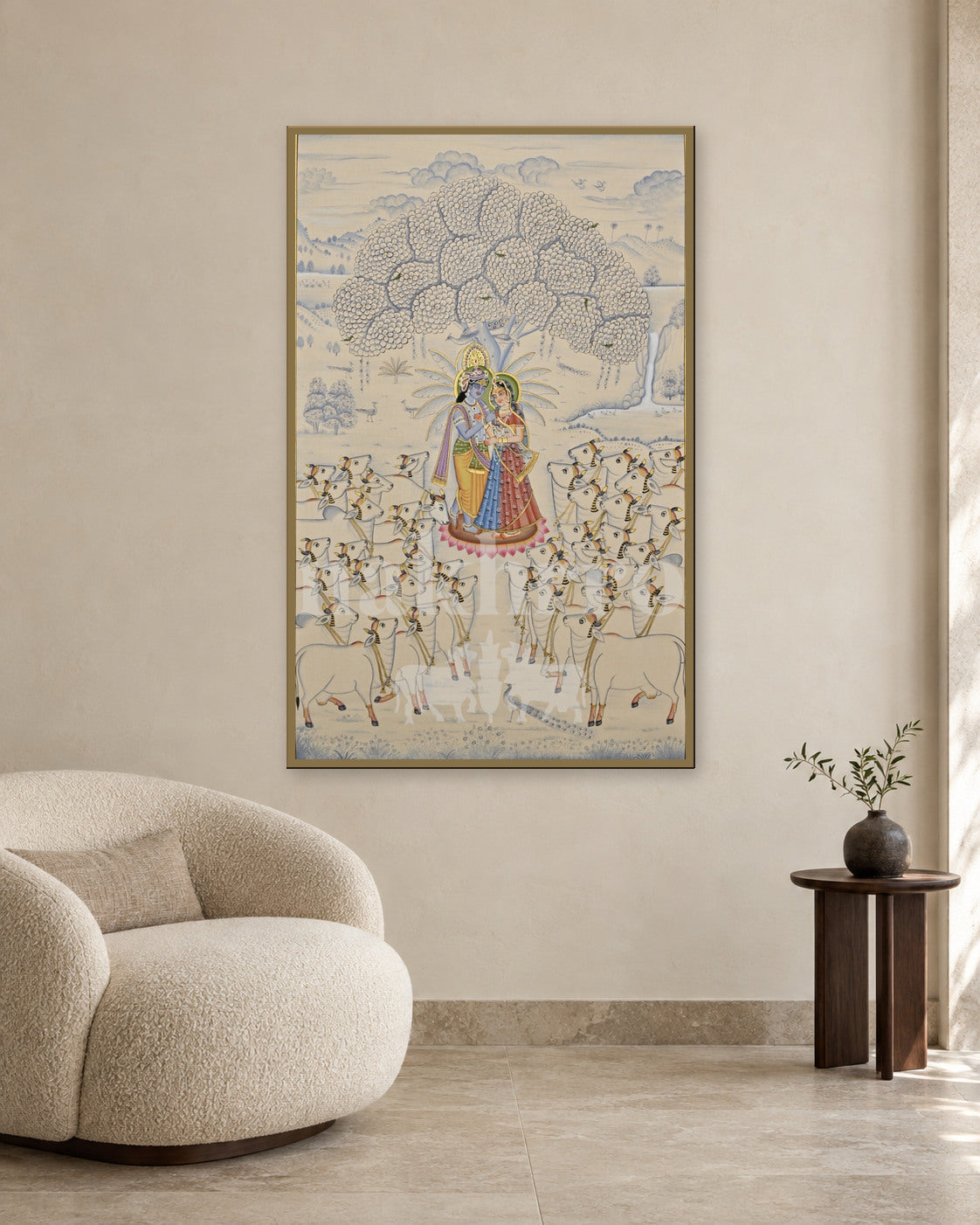 Radha and Krishna beneath a Tree with Cows — slim-frame room mockup 2 with Nakhrro watermark