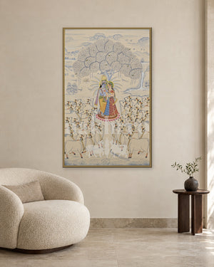Radha and Krishna beneath a Tree with Cows — slim-frame room mockup 2 with Nakhrro watermark
