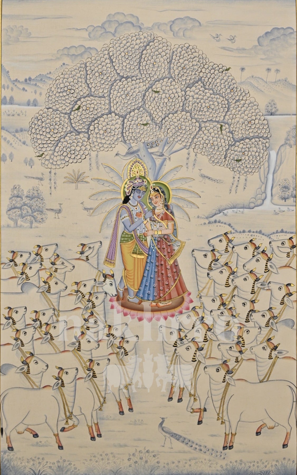 Radha and Krishna beneath a Tree with Cows — full artwork with Nakhrro watermark