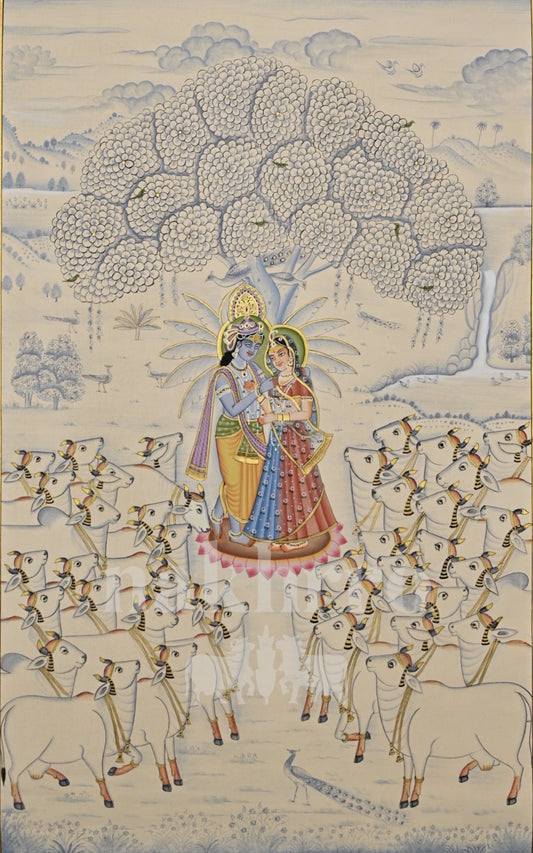 Radha and Krishna beneath a Tree with Cows — full artwork with Nakhrro watermark