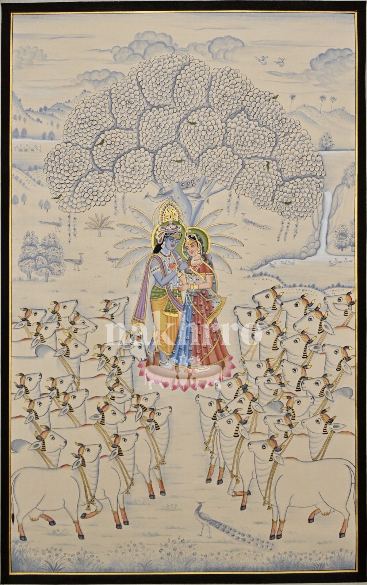 Radha Krishna beneath a flowering kadamba tree surrounded by white cows, 2 by 3 feet hand-painted Pichwai original