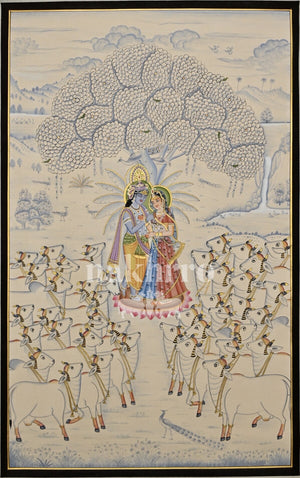 Radha Krishna beneath a flowering kadamba tree surrounded by white cows, 2 by 3 feet hand-painted Pichwai original