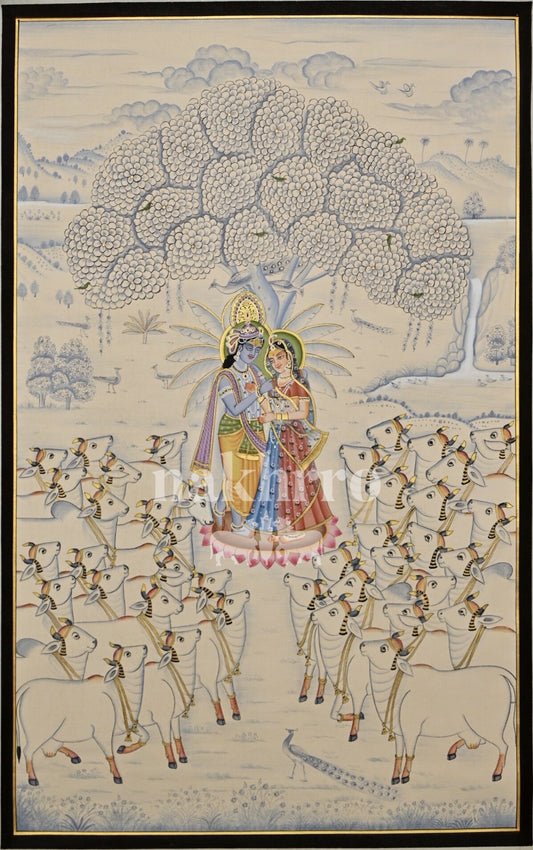 Radha Krishna beneath a flowering kadamba tree surrounded by white cows, 2 by 3 feet hand-painted Pichwai original