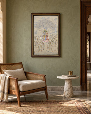 Radha Krishna Beneath the Kadamba Tree, framed in a sage Indian reading nook; styling mockup