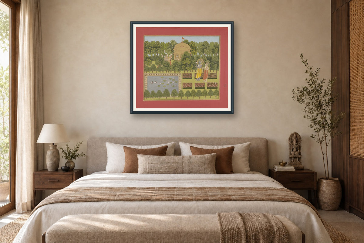 Radha Krishna in Charbagh Garden museum-grade art print in a bedroom