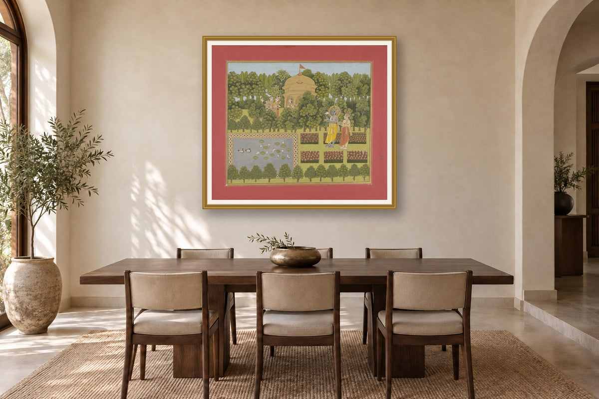 Radha Krishna in Charbagh Garden museum-grade art print in a dining room