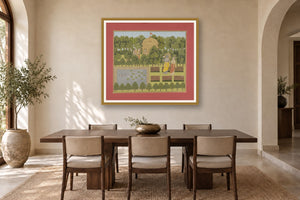 Radha Krishna in Charbagh Garden museum-grade art print in a dining room