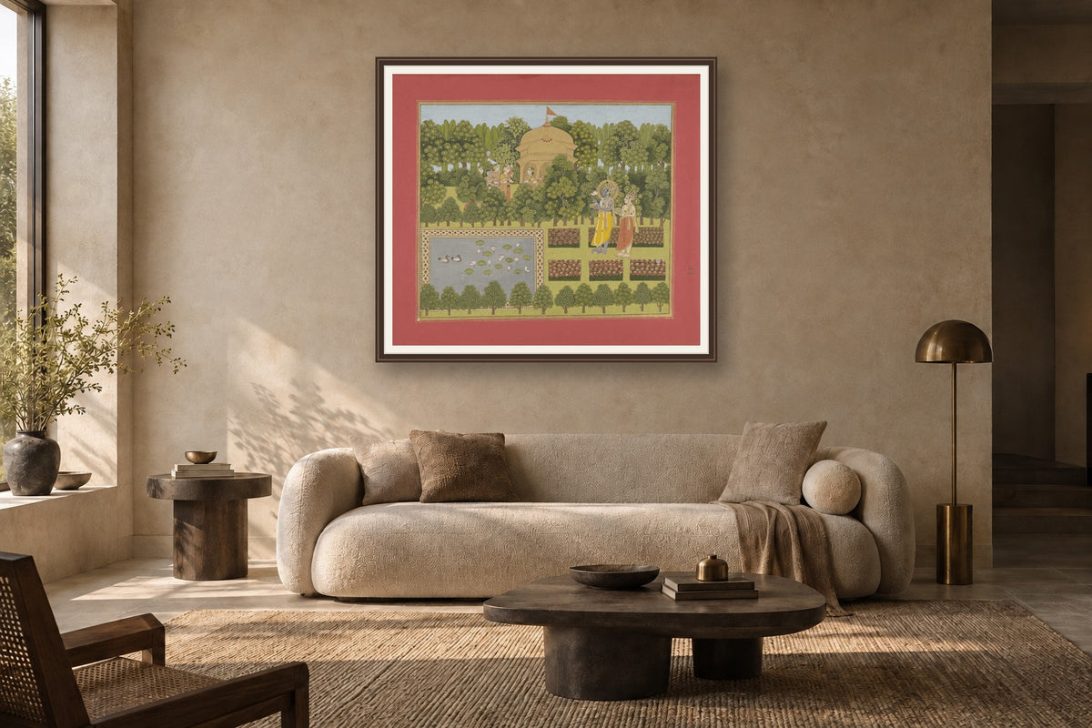 Radha Krishna in Charbagh Garden museum-grade art print in a living room