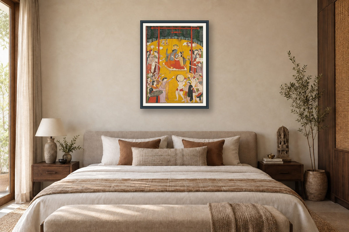 Radha Krishna Jhulan Leela styled in a premium bedroom