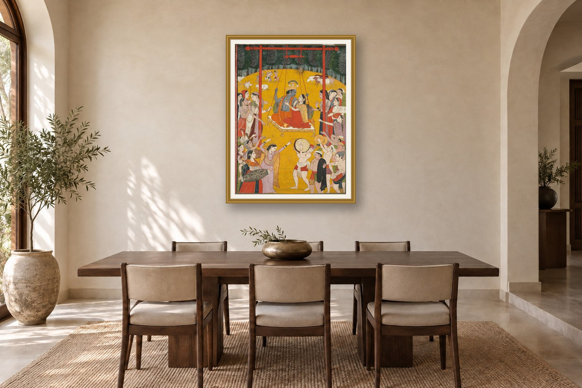 Radha Krishna Jhulan Leela styled in a premium dining room
