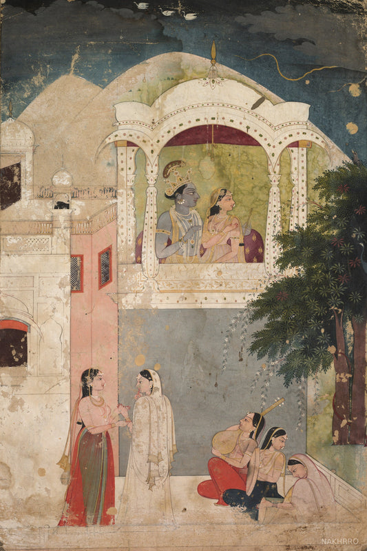 Radha Krishna in a moonlit pavilion Indian miniature art print