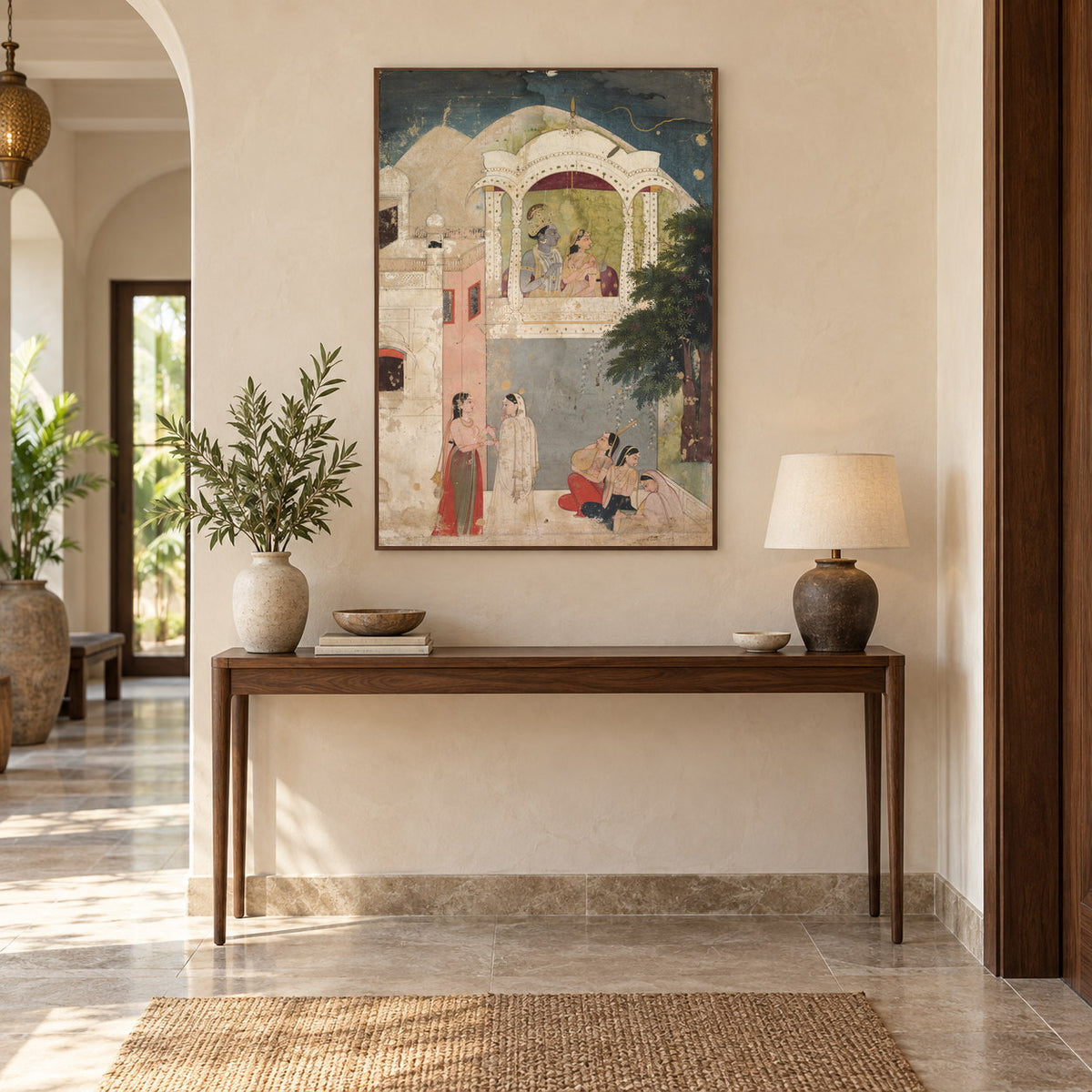 Radha Krishna in a Moonlit Pavilion museum-grade art print in a entryway