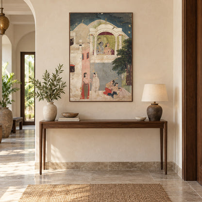 Radha Krishna in a Moonlit Pavilion museum-grade art print in a entryway