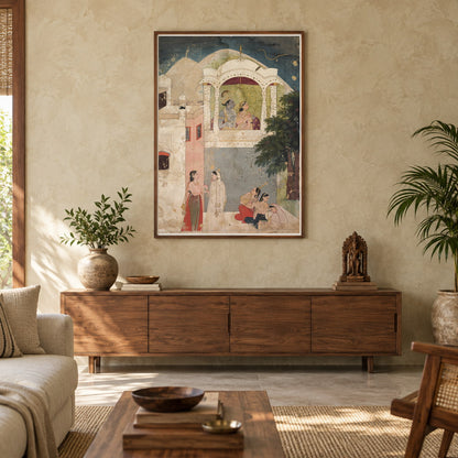 Radha Krishna in a Moonlit Pavilion museum-grade art print in a living room