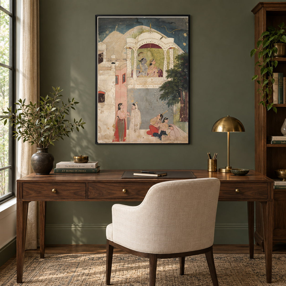 Radha Krishna in a Moonlit Pavilion museum-grade art print in a study