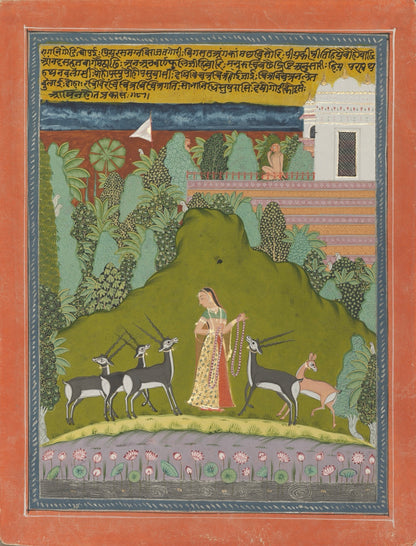 Ragamala miniature of a lady among antelope in a palace garden