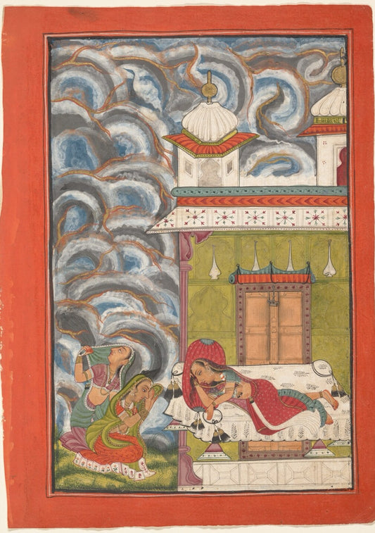 Ragamala miniature of a lady resting beneath a stormy monsoon sky