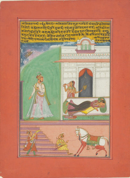 Ragamala miniature of a nobleman arriving as a lady rests in a palace