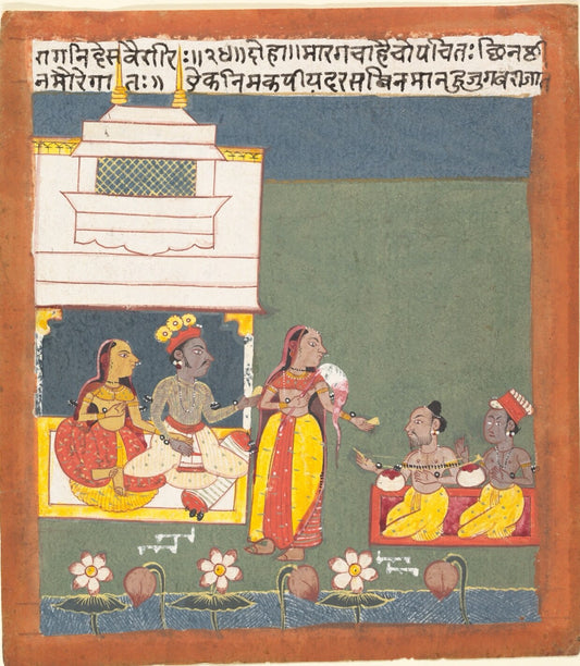 Indian miniature of a royal couple meeting ascetics beside a lotus pond