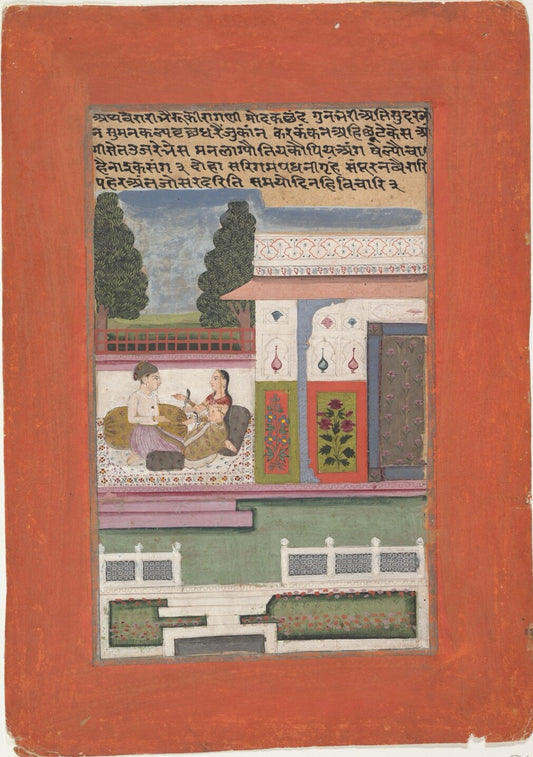 Indian miniature of a royal couple on a garden terrace