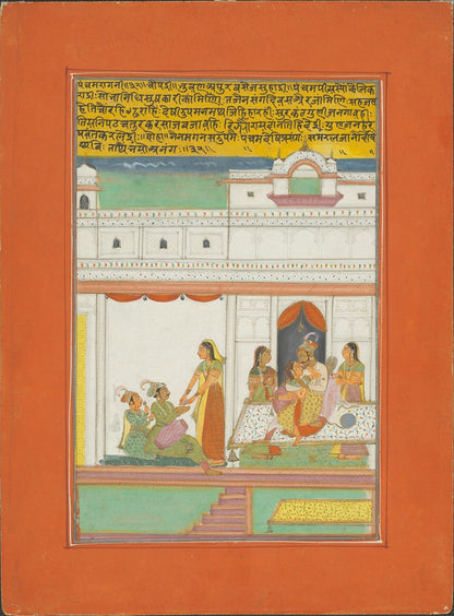 Ragamala miniature of a royal couple with palace attendants