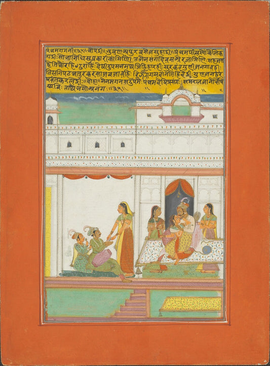 Ragamala miniature of a royal couple with palace attendants