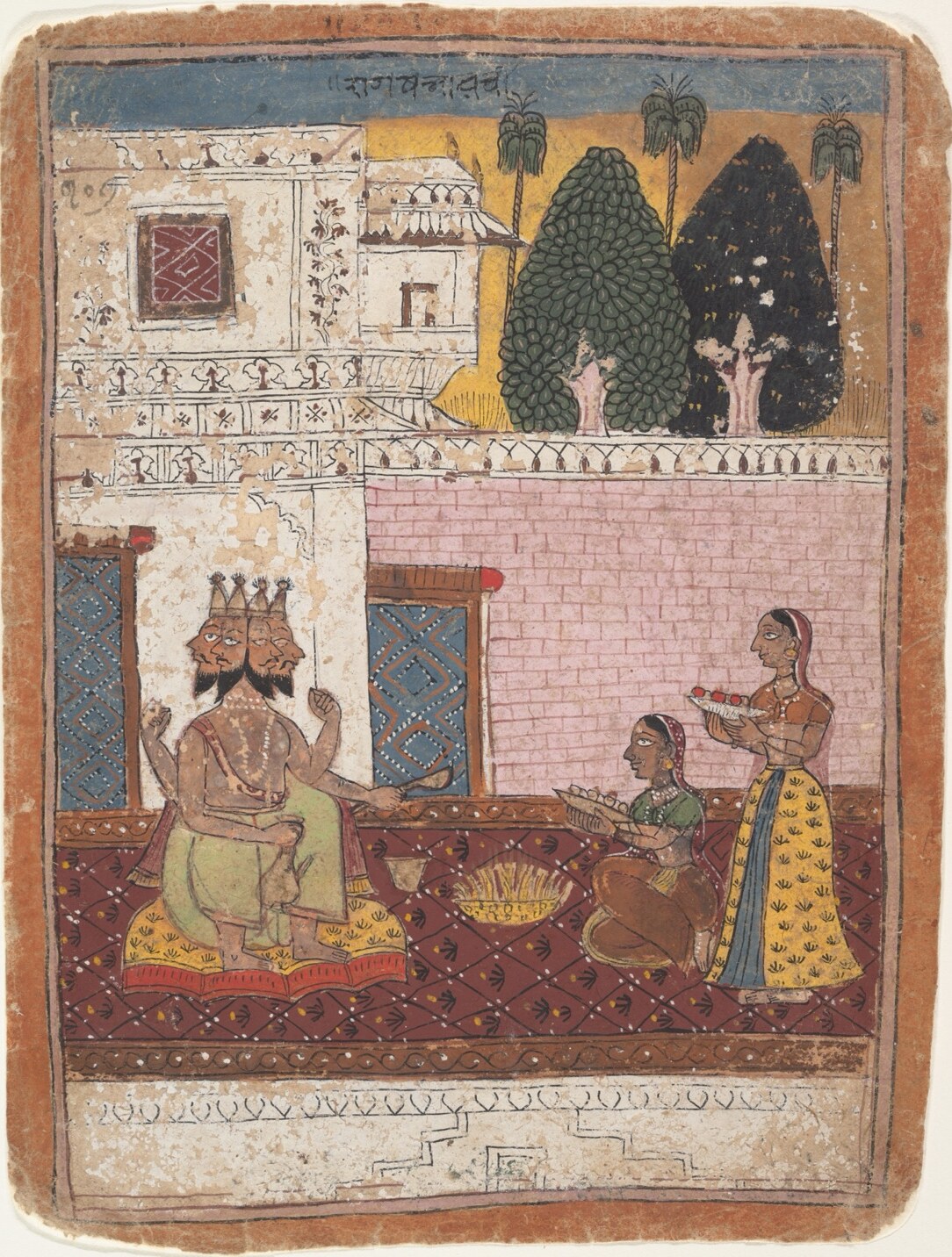 Indian miniature of a three-headed figure seated with attendants