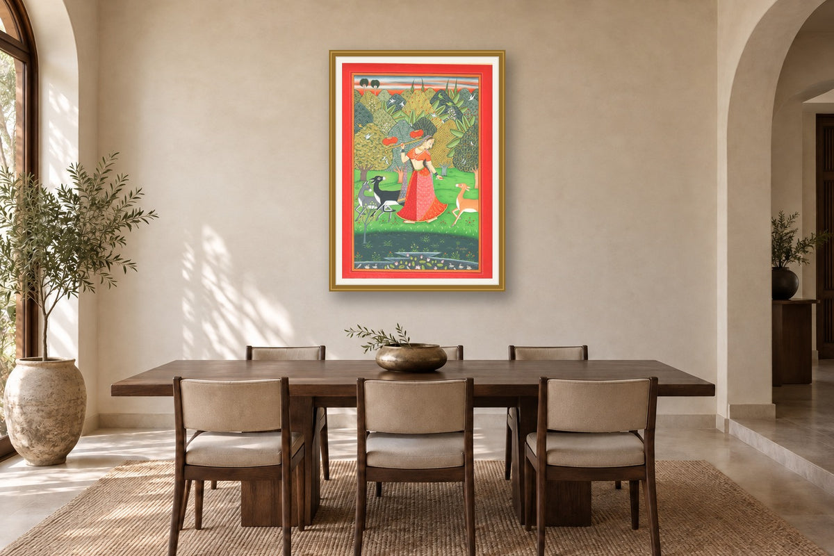 Ragini with Deer in Lotus Grove museum-grade art print in a dining room