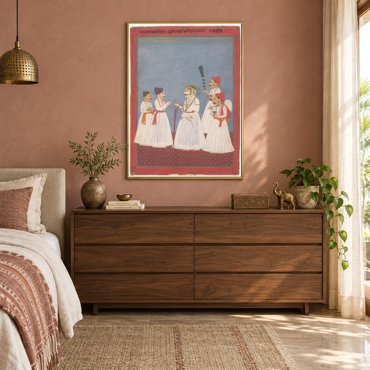Rajput Courtly Gathering museum-grade art print in a bedroom