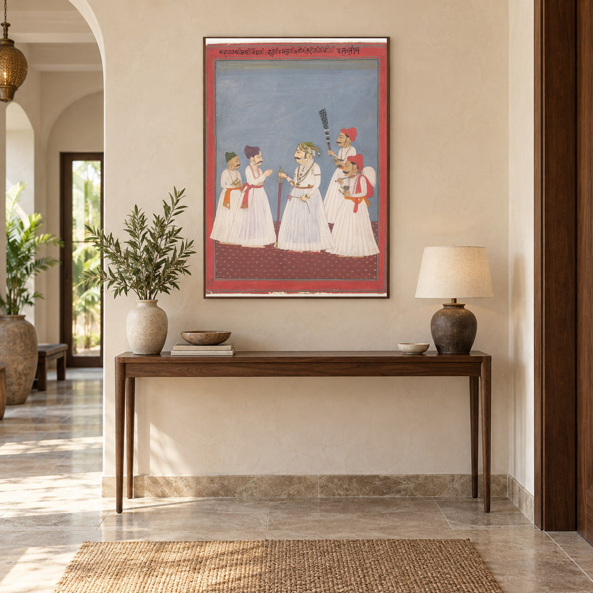 Rajput Courtly Gathering museum-grade art print in a entryway