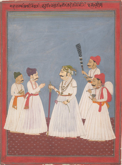 Rajput noble with courtiers Indian miniature artwork