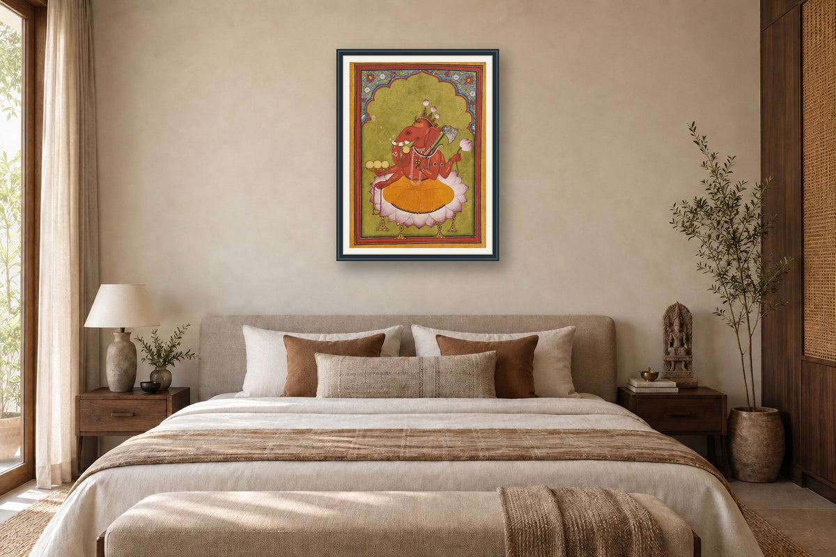 Rakta Ganapati on Lotus museum-grade art print in a bedroom