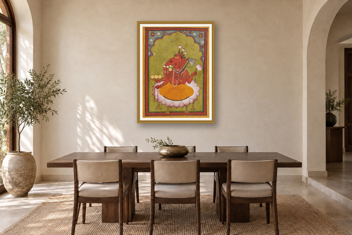 Rakta Ganapati on Lotus museum-grade art print in a dining room