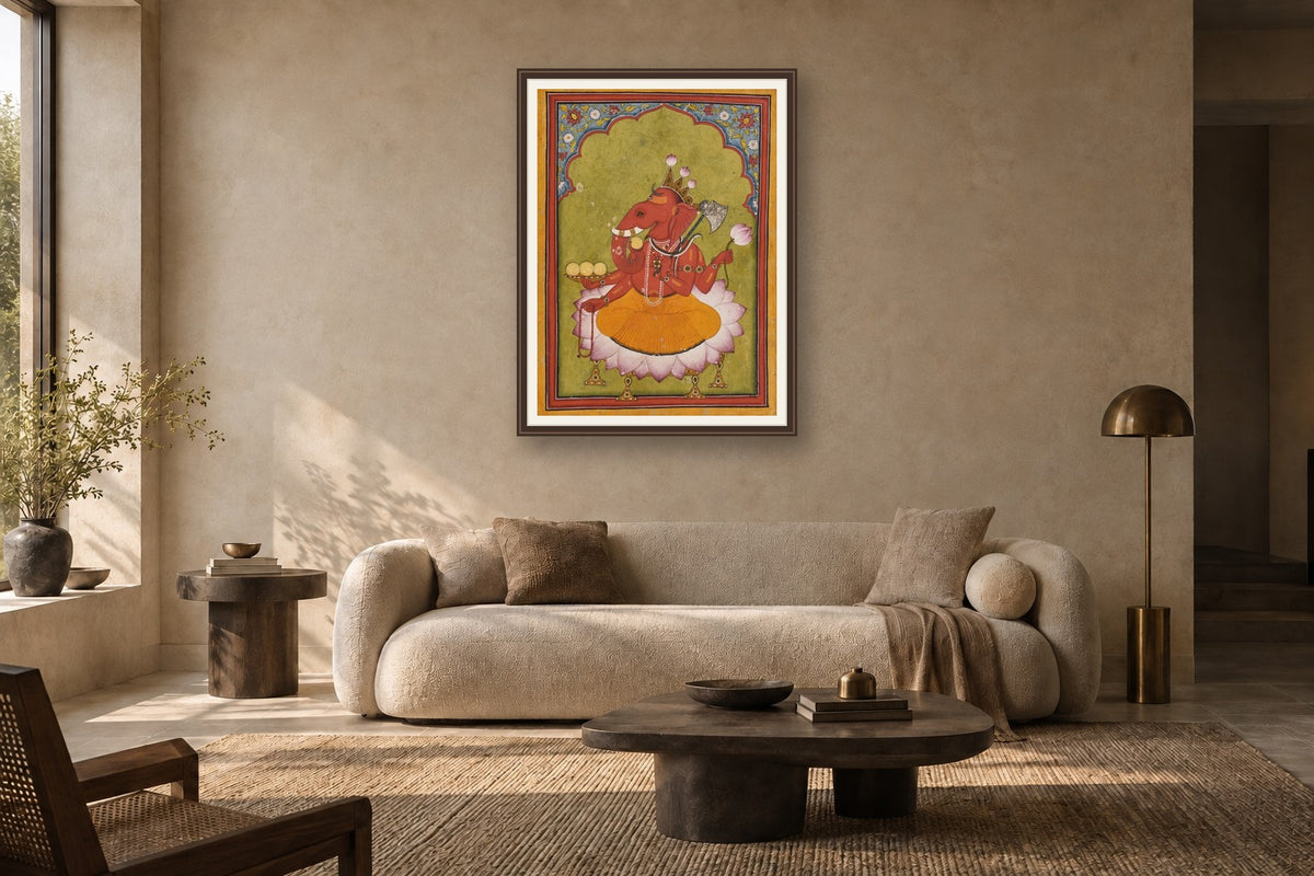 Rakta Ganapati on Lotus museum-grade art print in a living room