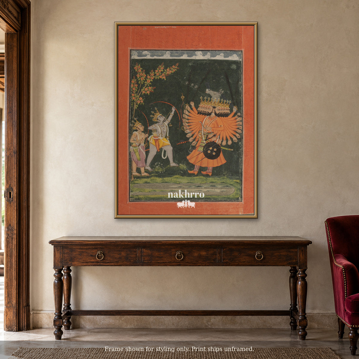 Rama and Ravana — The Confrontation — warm foyer framed styling mockup, print ships unframed