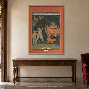 Rama and Ravana — The Confrontation — warm foyer framed styling mockup, print ships unframed