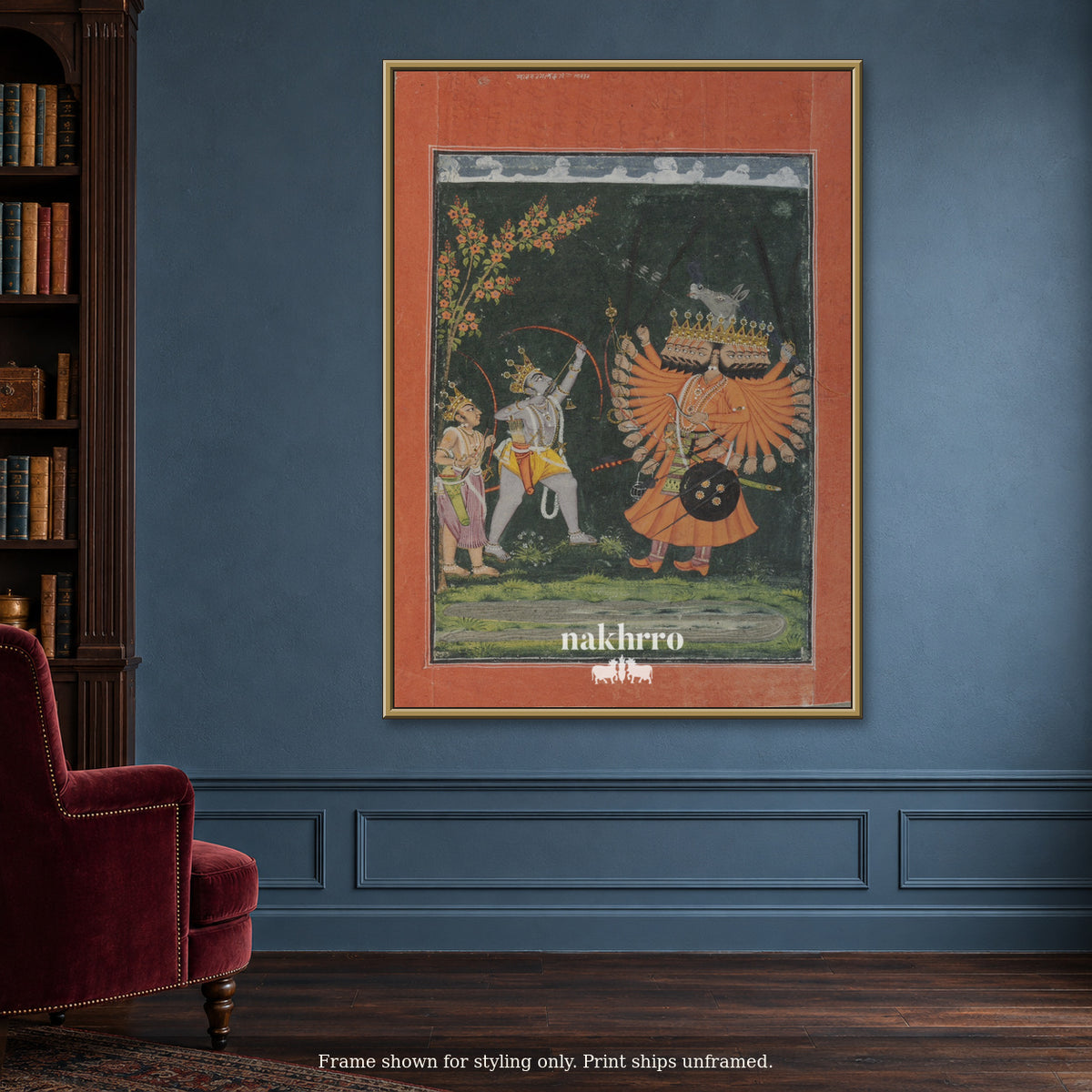 Rama and Ravana — The Confrontation — blue reading room framed styling mockup, print ships unframed