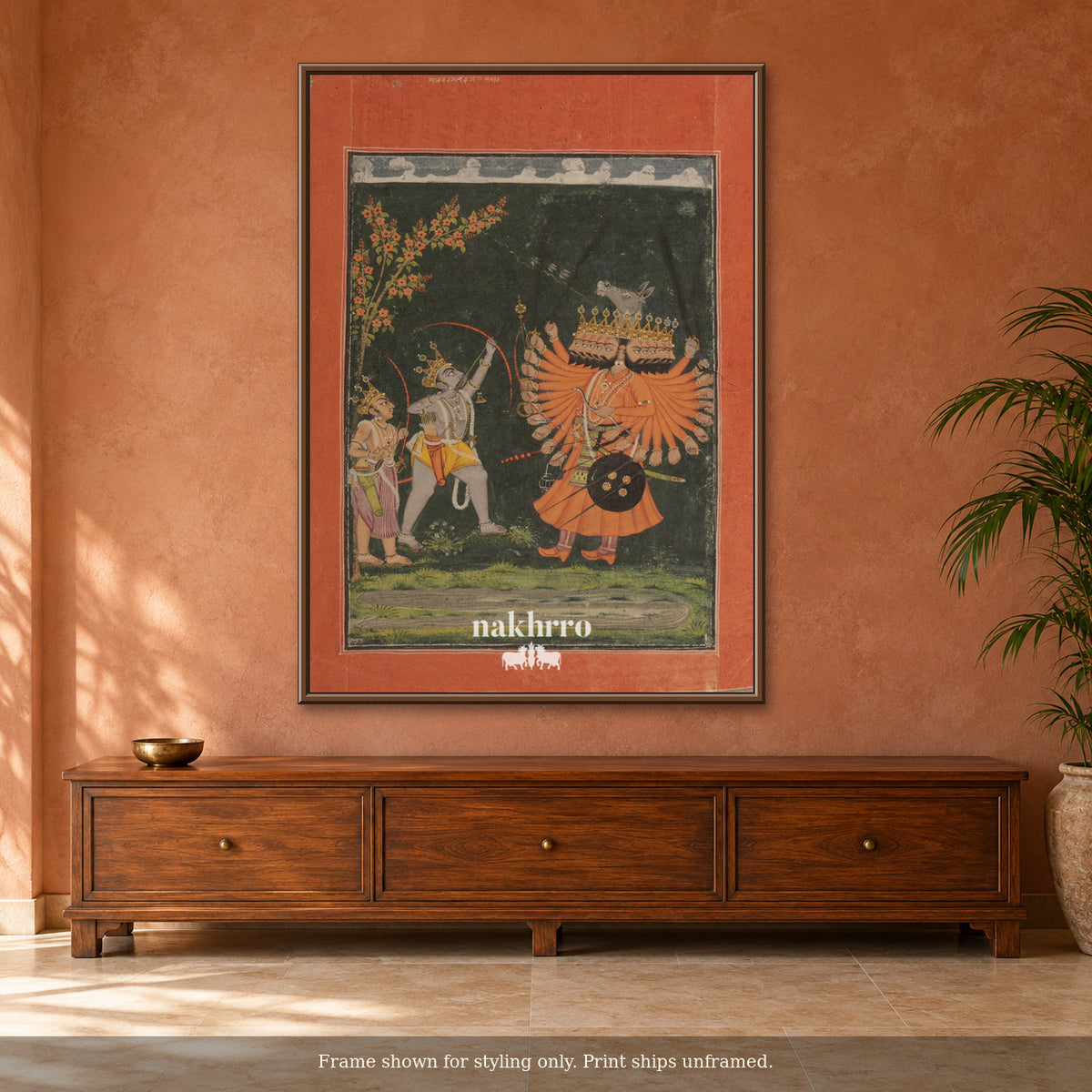 Rama and Ravana — The Confrontation — terracotta room framed styling mockup, print ships unframed