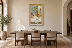 Rama and Sita with Sage Valmiki in a dining room