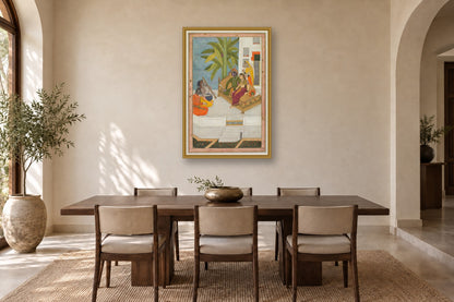 Rama and Sita with Sage Valmiki in a dining room