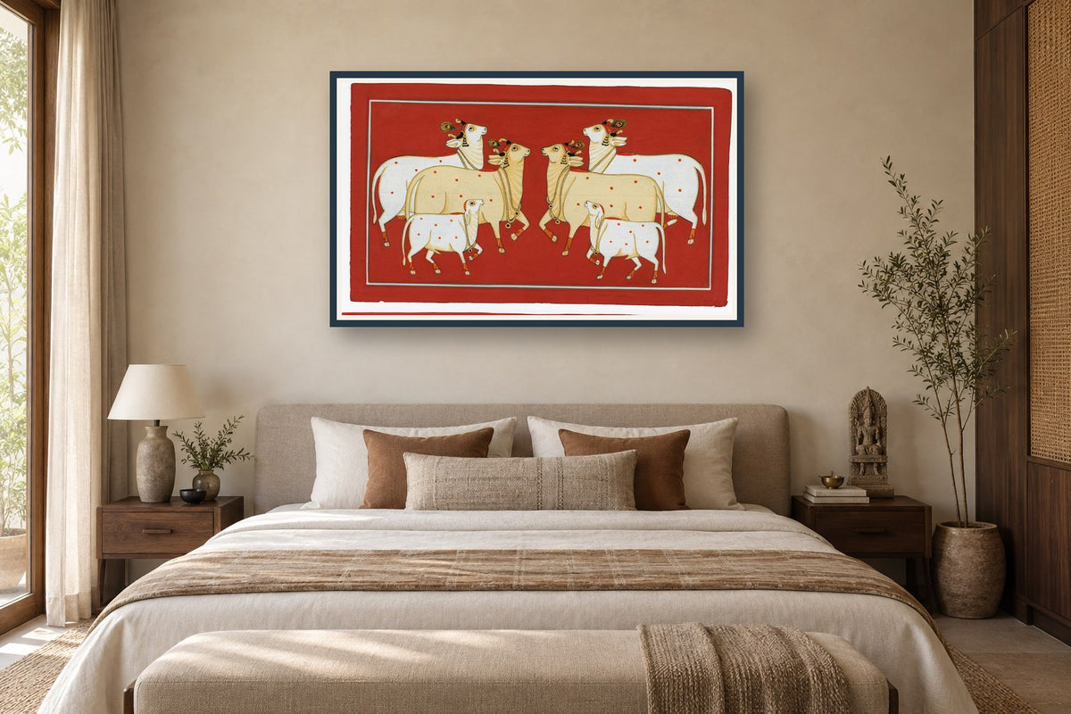 Red Cows Of Pichwai styled in a premium bedroom