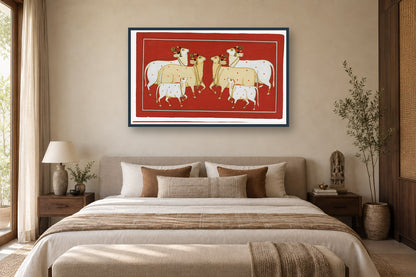 Red Cows Of Pichwai styled in a premium bedroom