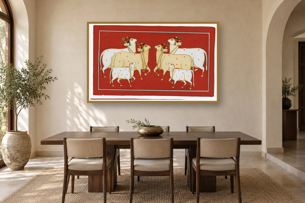 Red Cows Of Pichwai styled in a premium dining room