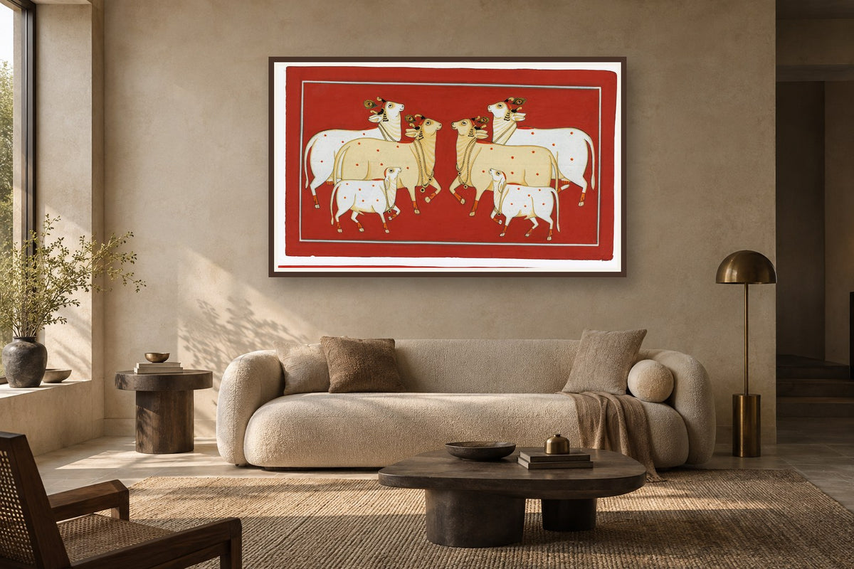 Red Cows Of Pichwai styled in a premium living room
