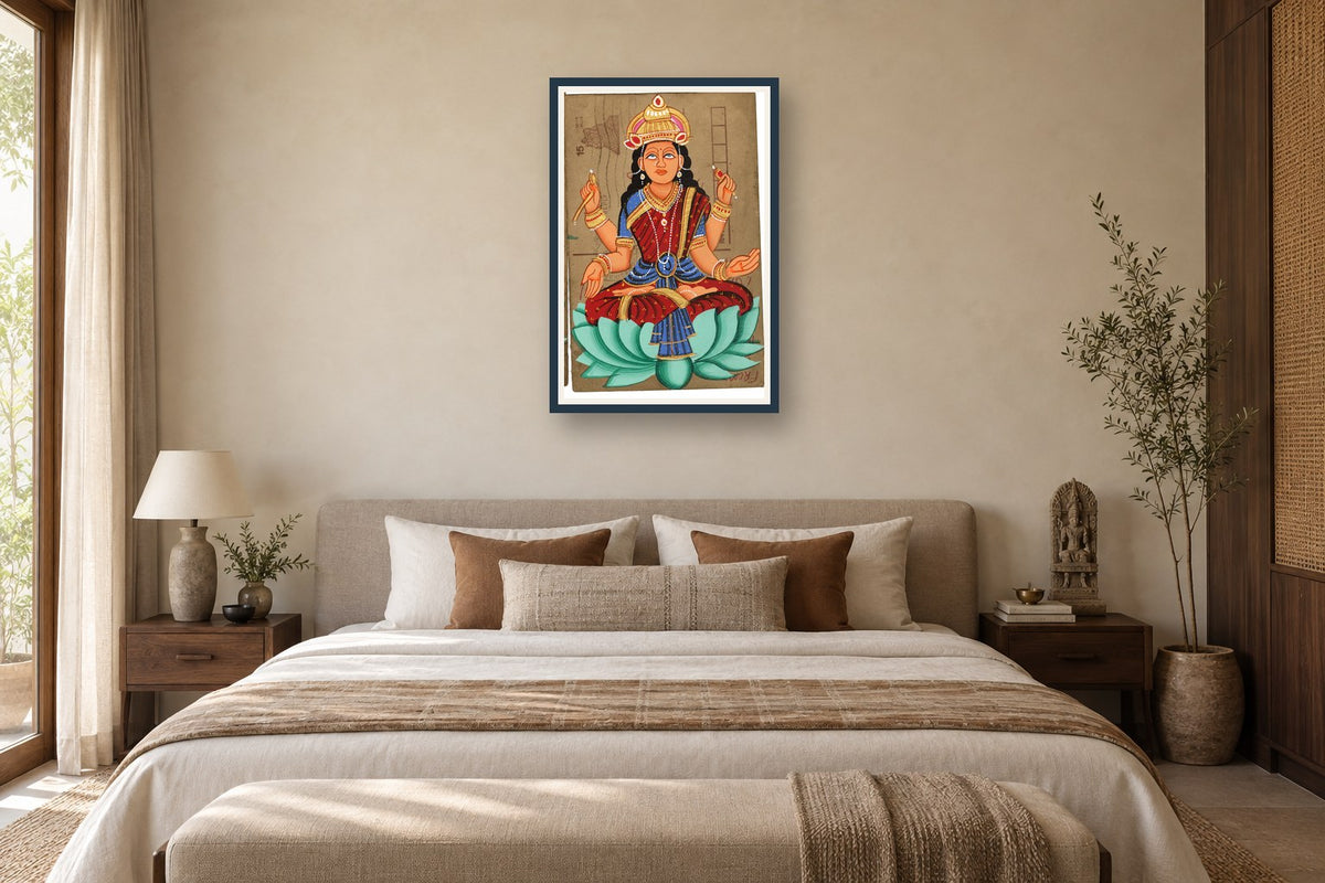 Red Laxmi Ji On Lotus Postcard styled in a premium bedroom