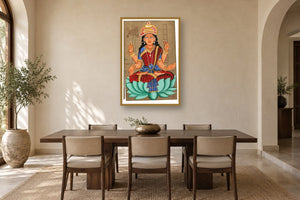 Red Laxmi Ji On Lotus Postcard styled in a premium dining room