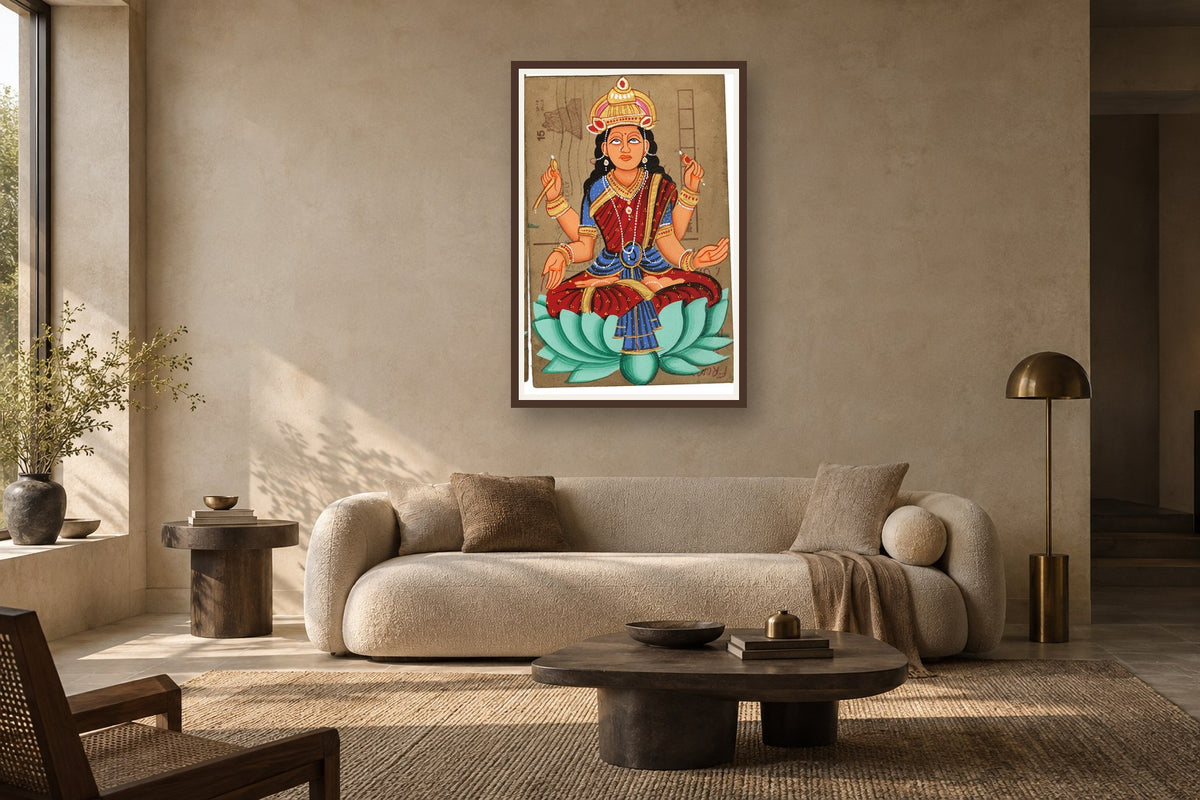 Red Laxmi Ji On Lotus Postcard styled in a premium living room