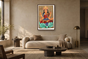 Red Laxmi Ji On Lotus Postcard styled in a premium living room