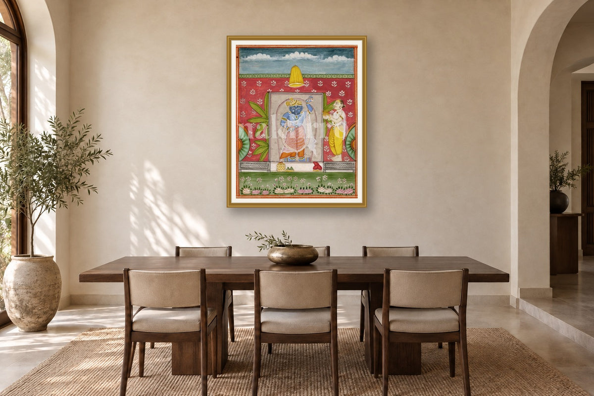 Red Shrinath Ji Darshan Pichwai styled in a premium dining room