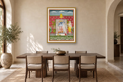 Red Shrinath Ji Darshan Pichwai styled in a premium dining room